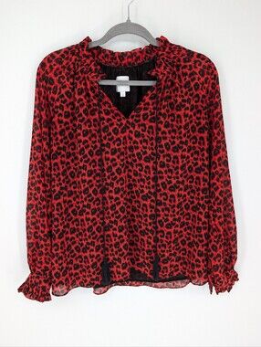 Sen Leopard Print V-Neck Long Sleeve Top Peasant Blouse Red Black Size Small